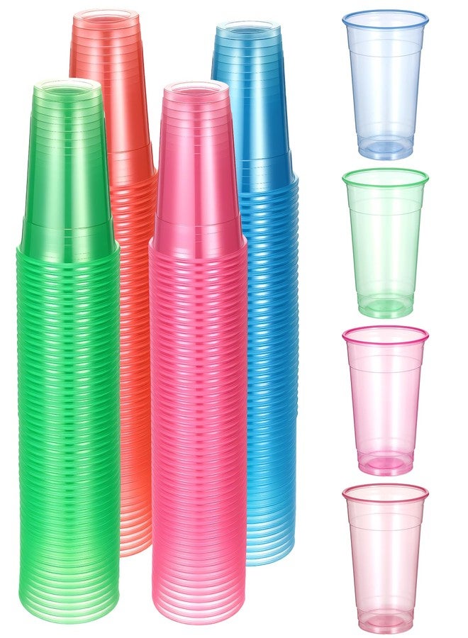LIQWEI 200 Pack Plastic Neon Cups 12 Oz, Disposable Glowing Party Cup Clear Neon Colors Blacklight Parties Light Up Cup Colorful Plastic Cups for Parties Carnivals Birthday Rave Party - Image 1